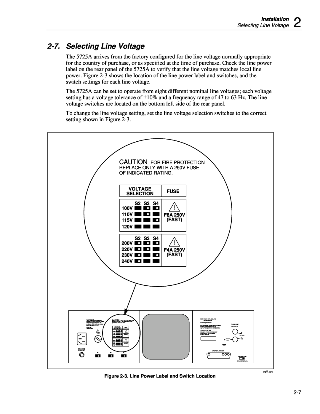 Fluke 5725A instruction manual Selecting Line Voltage 
