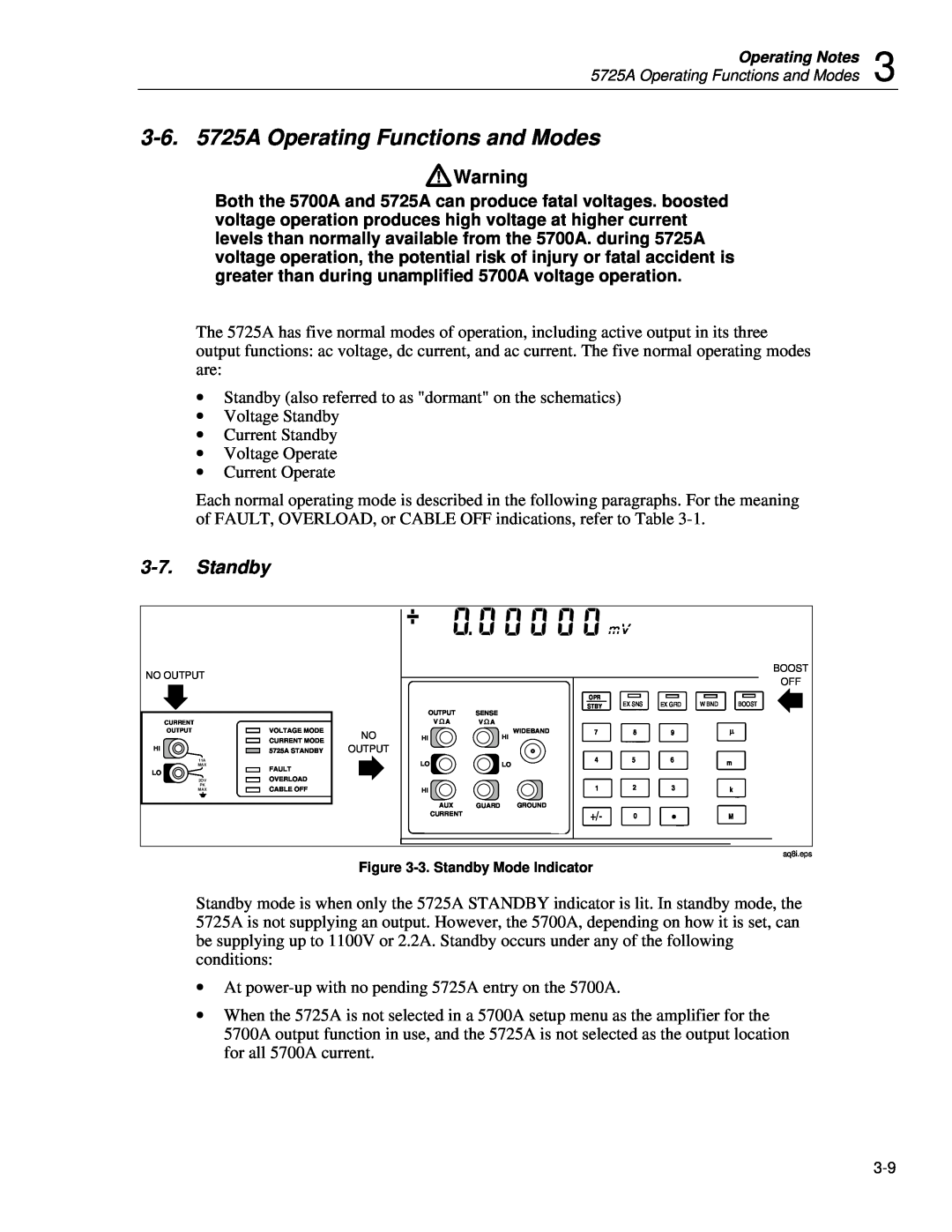 Fluke instruction manual 3-6.5725A Operating Functions and Modes, Standby 