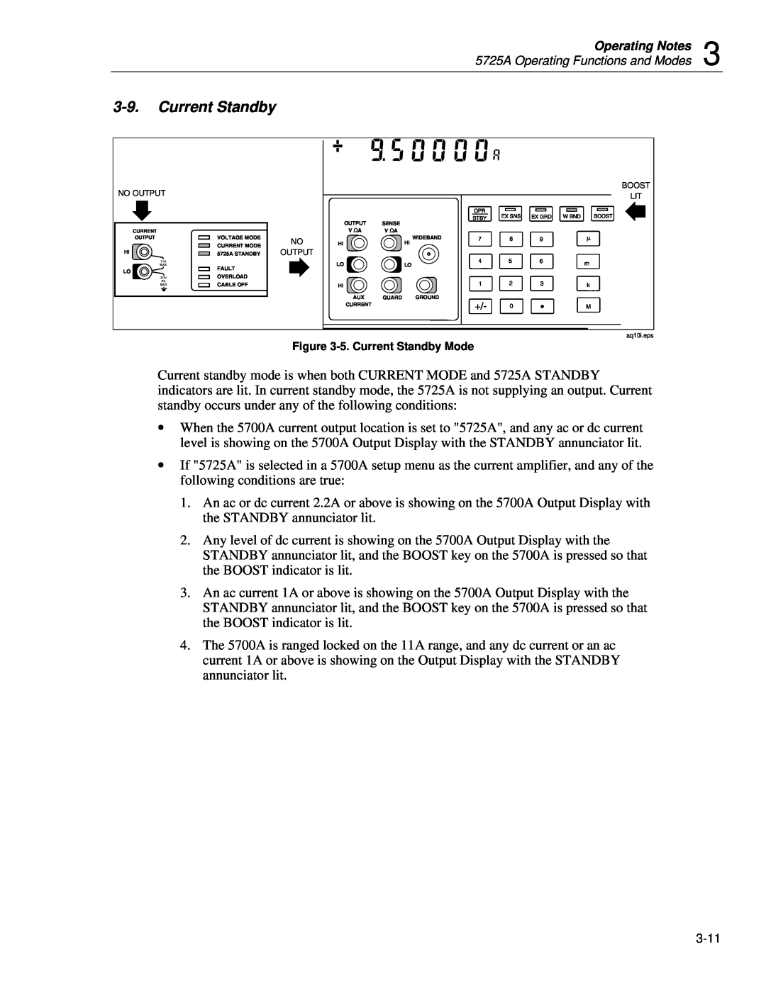 Fluke instruction manual Current Standby, Operating Notes, 5725A Operating Functions and Modes 