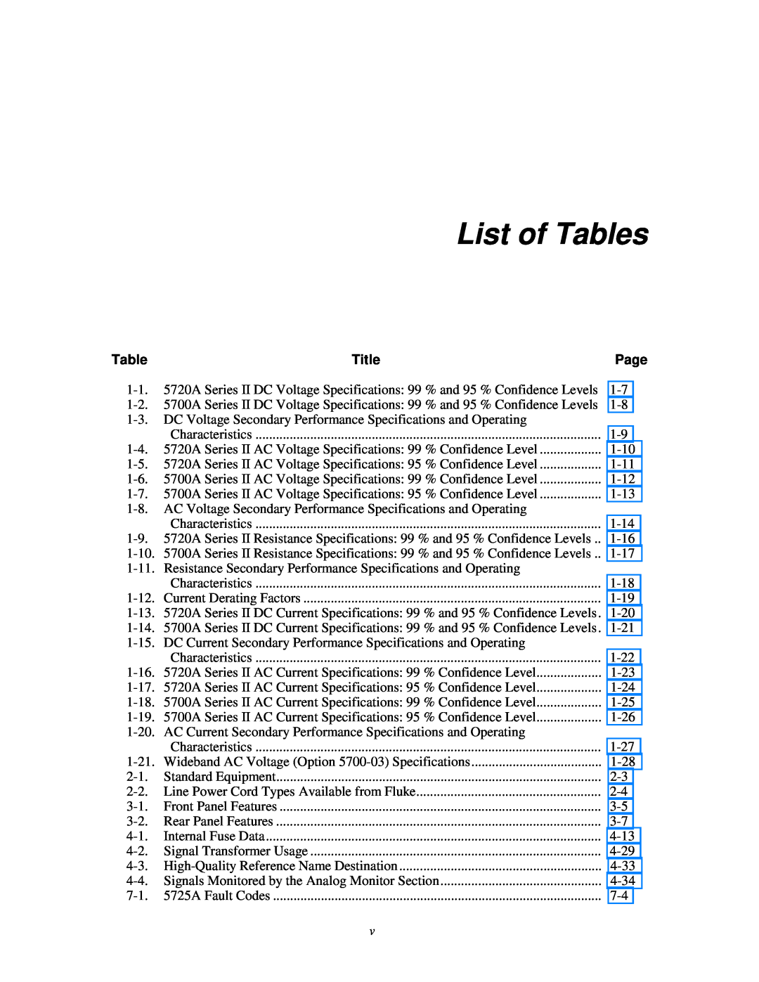 Fluke 5725A instruction manual List of Tables, Title 