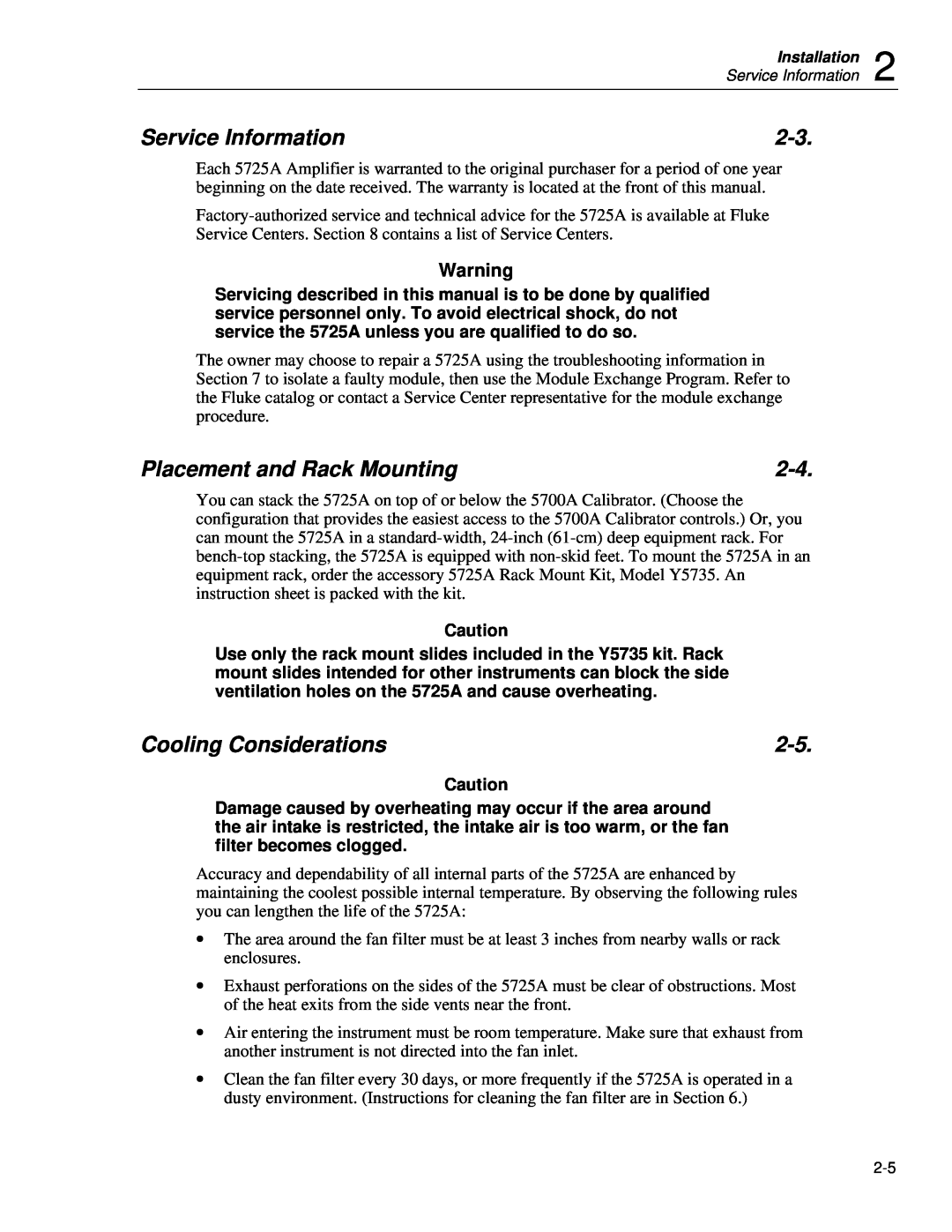 Fluke 5725A instruction manual Service Information, Placement and Rack Mounting, Cooling Considerations 