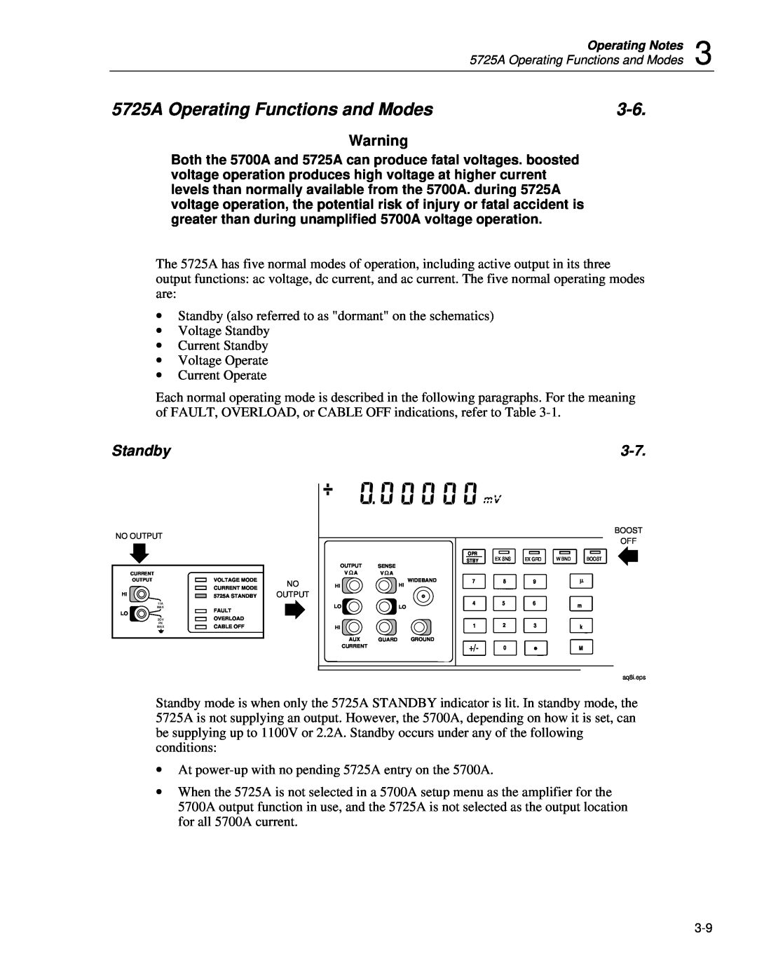 Fluke instruction manual 5725A Operating Functions and Modes, Standby 