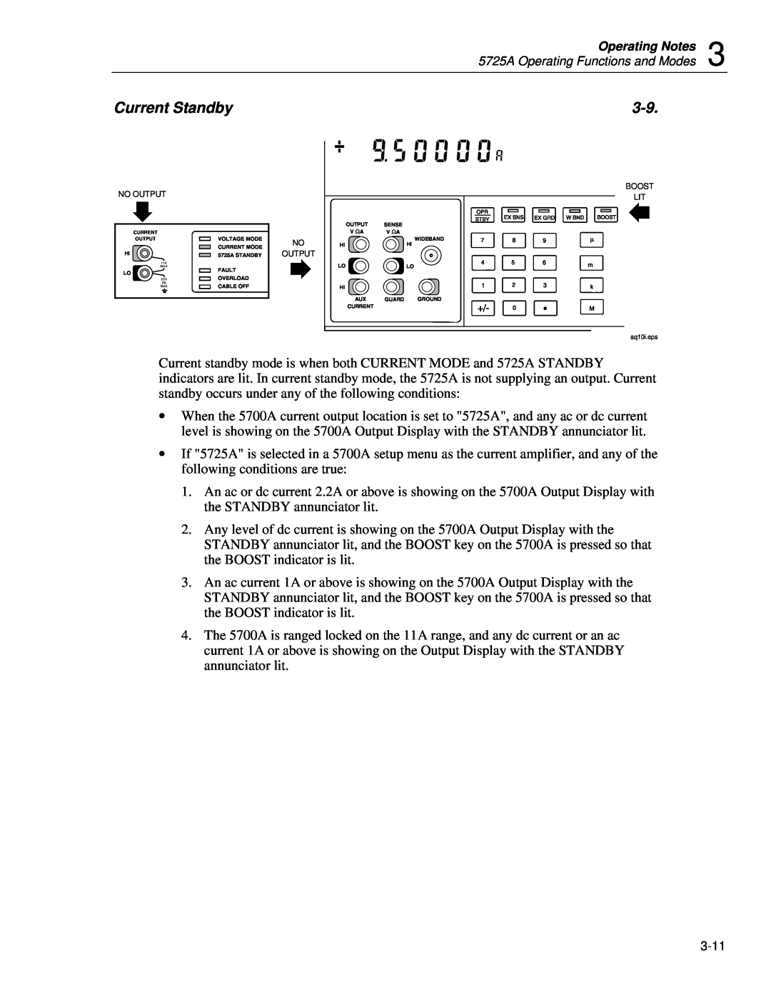 Fluke instruction manual Current Standby, 5725A Operating Functions and Modes 