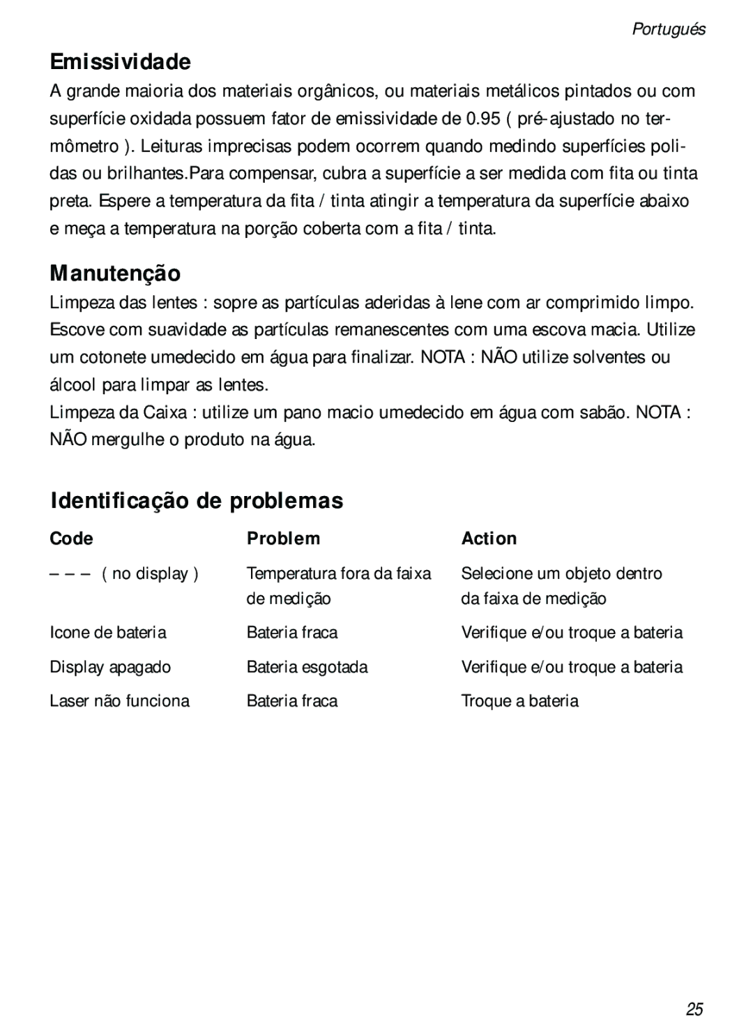 Fluke 61 user manual Emissividade, Manutenção, Identificação de problemas 