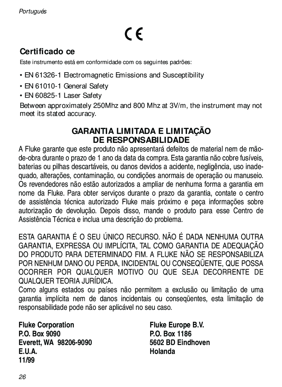 Fluke 61 user manual Certificado ce, Garantia Limitada E Limitação DE Responsabilidade 