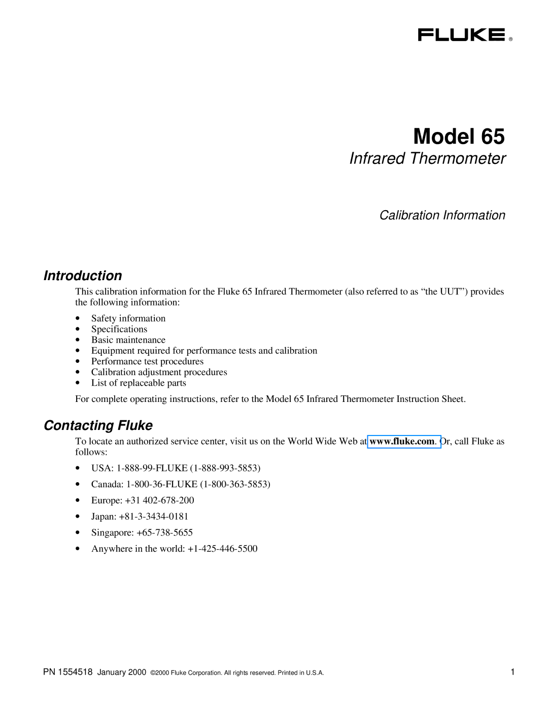 Fluke 65 specifications Introduction, Contacting Fluke 