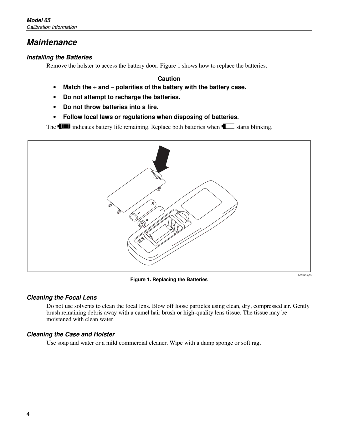 Fluke 65 specifications Maintenance, Replacing the Batteries 