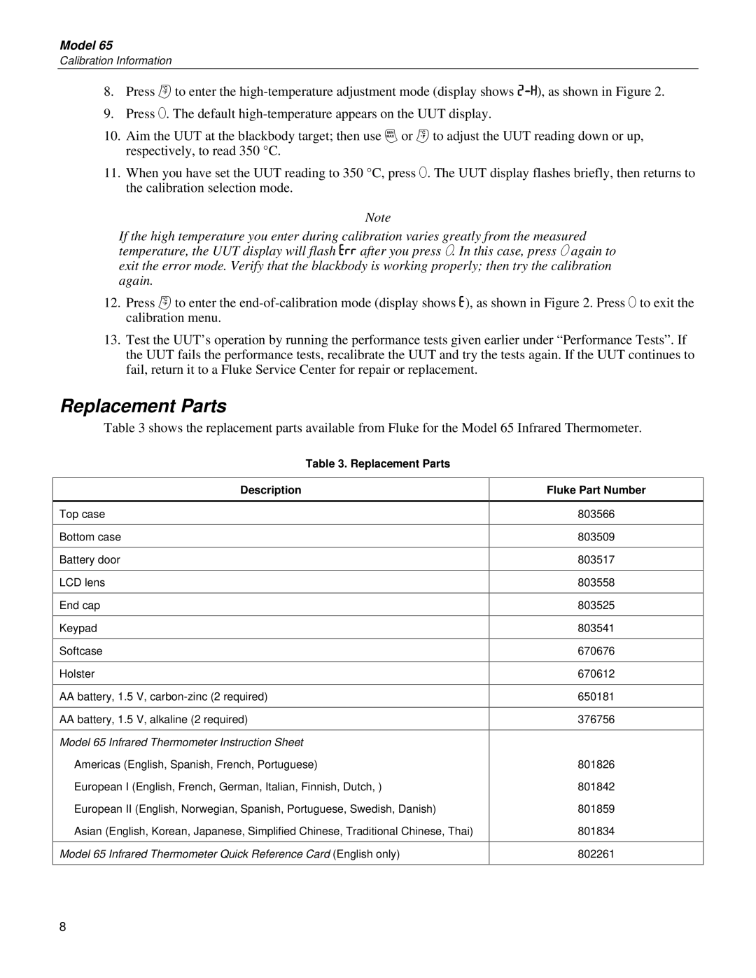 Fluke 65 specifications Replacement Parts Description, Fluke Part Number 