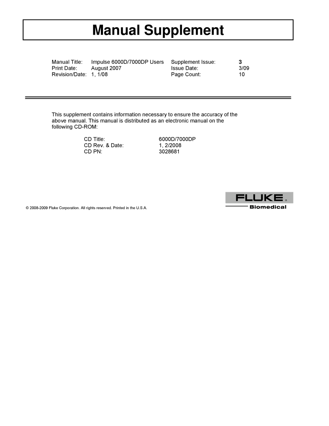 Fluke 6000D, 7000DP manual Manual Supplement 