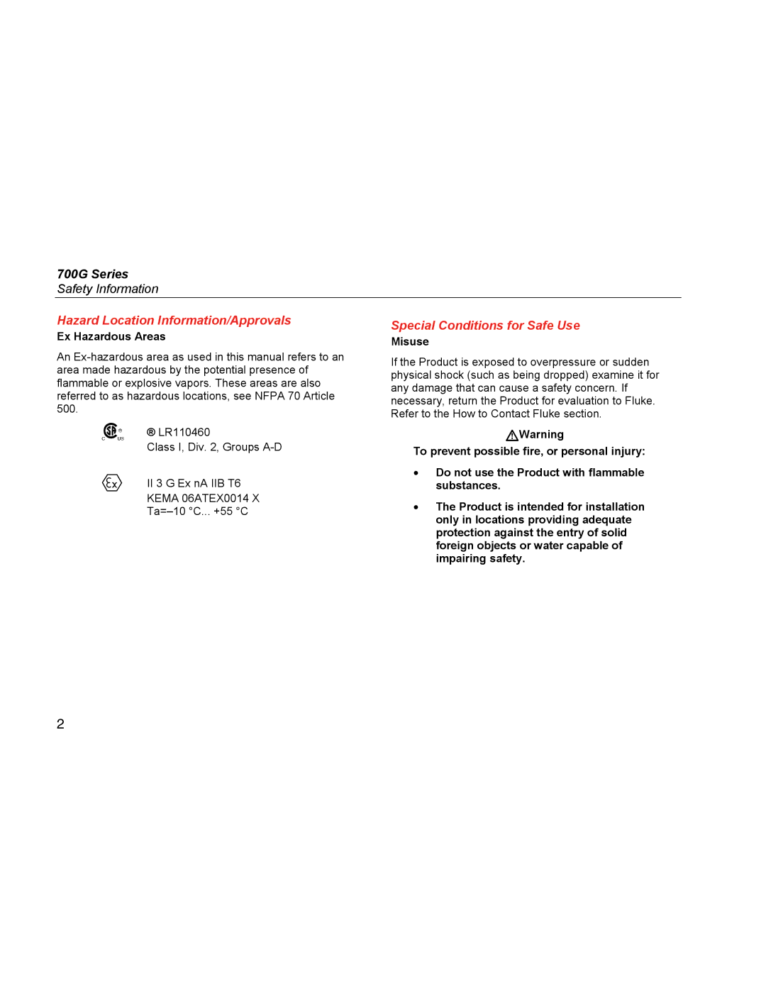 Fluke 700G manual Hazard Location Information/Approvals, Special Conditions for Safe Use, Ex Hazardous Areas, Misuse 