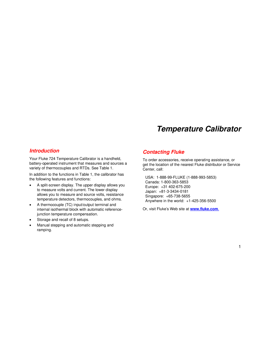 Fluke 724 user manual Introduction, Contacting Fluke 