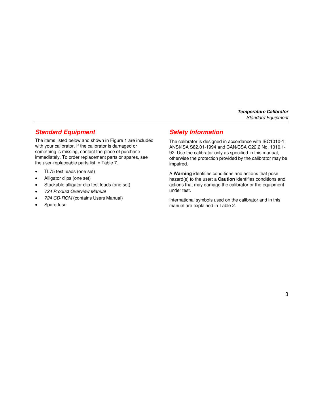 Fluke 724 user manual Standard Equipment Safety Information, Product Overview Manual 