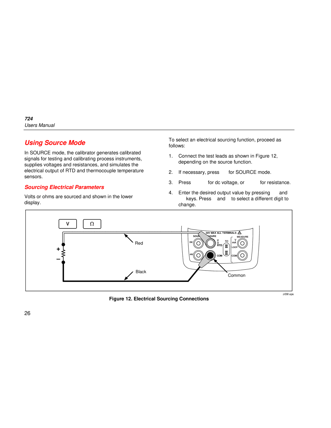 Fluke 724 user manual Using Source Mode, Sourcing Electrical Parameters 