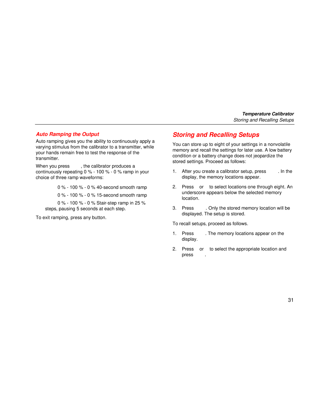 Fluke 724 user manual Storing and Recalling Setups, Auto Ramping the Output 