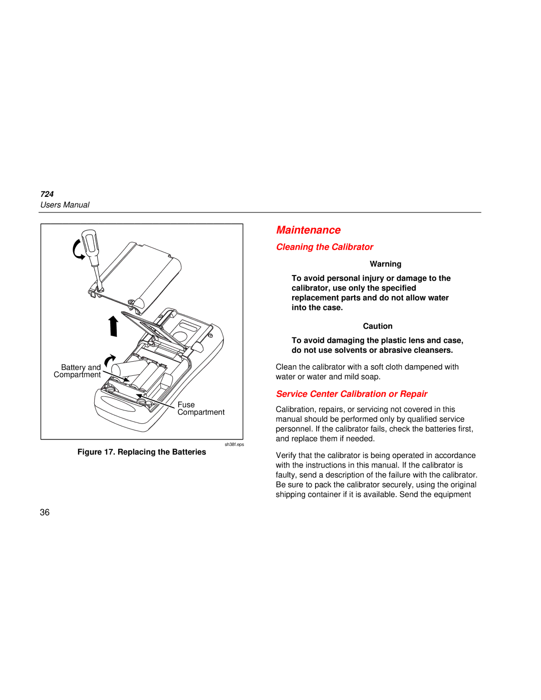 Fluke 724 user manual Maintenance, Cleaning the Calibrator, Service Center Calibration or Repair 