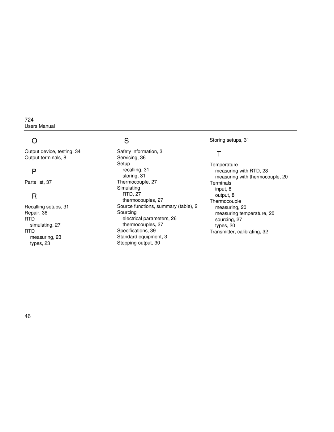 Fluke 724 user manual Recalling, 31 storing, 31 Thermocouple 