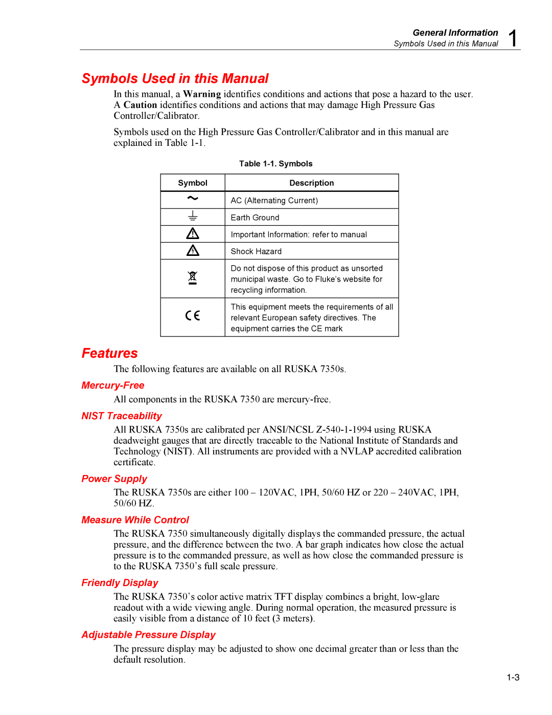 Fluke 7350 specifications Symbols Used in this Manual, Features 