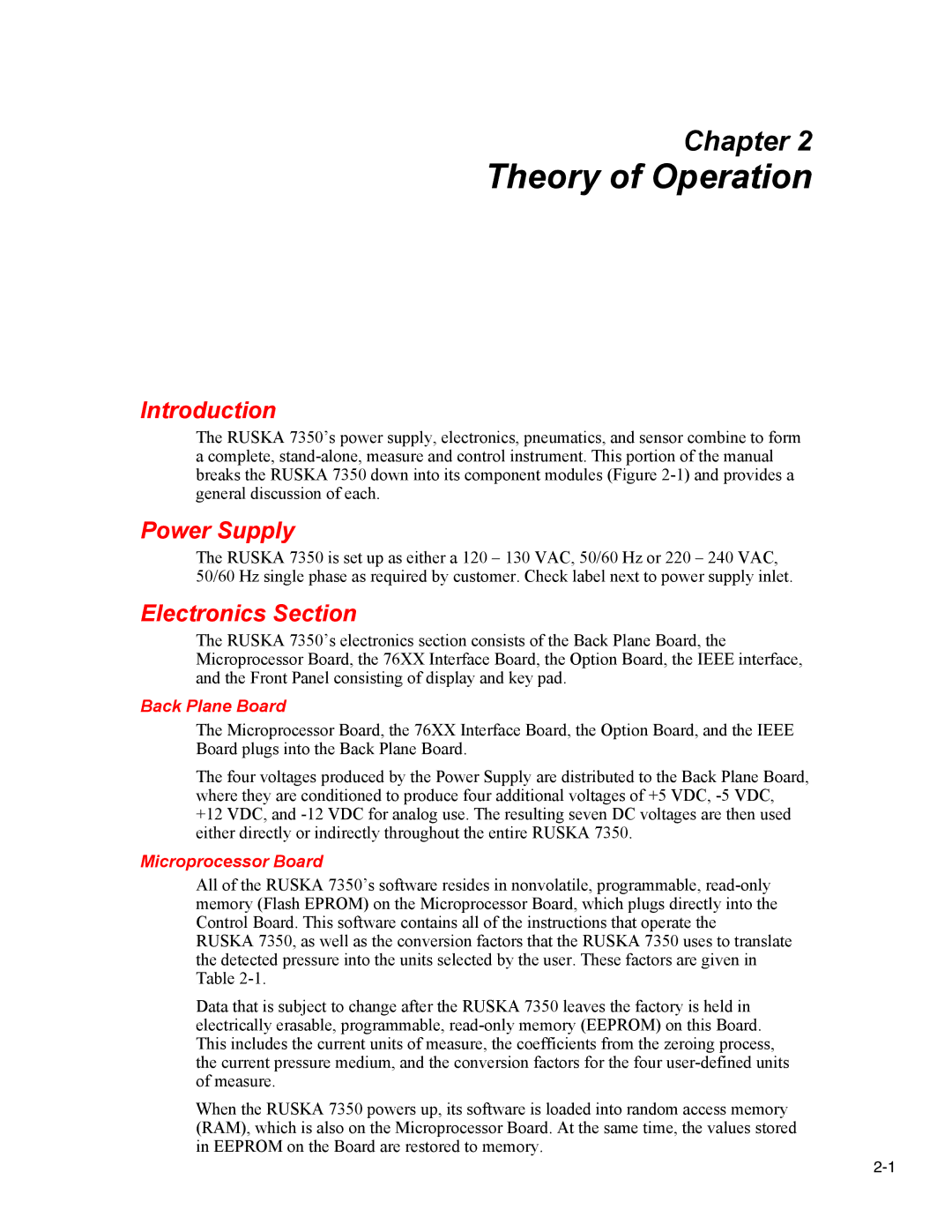 Fluke 7350 specifications Theory of Operation, Power Supply, Electronics Section, Back Plane Board, Microprocessor Board 