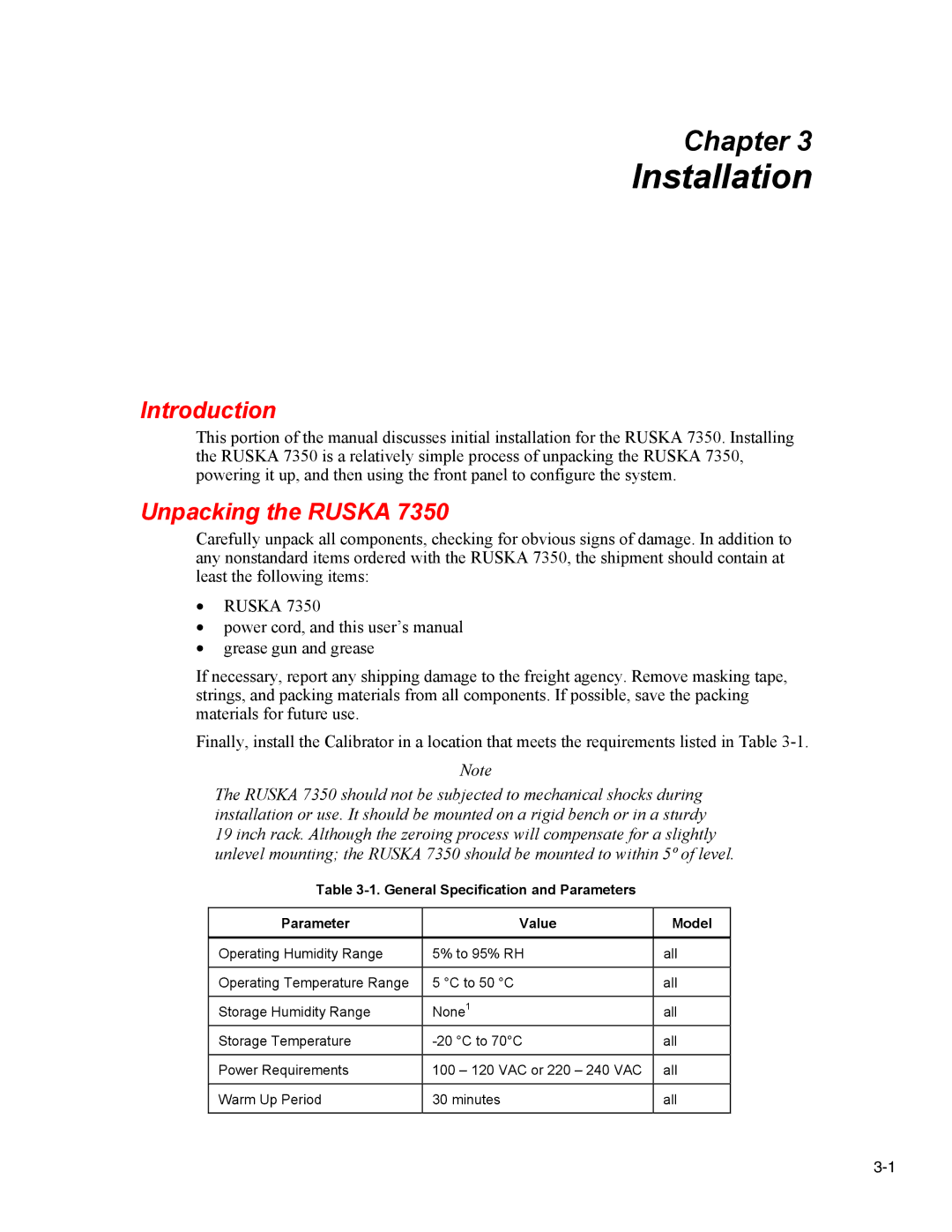 Fluke 7350 specifications Installation, Unpacking the Ruska 