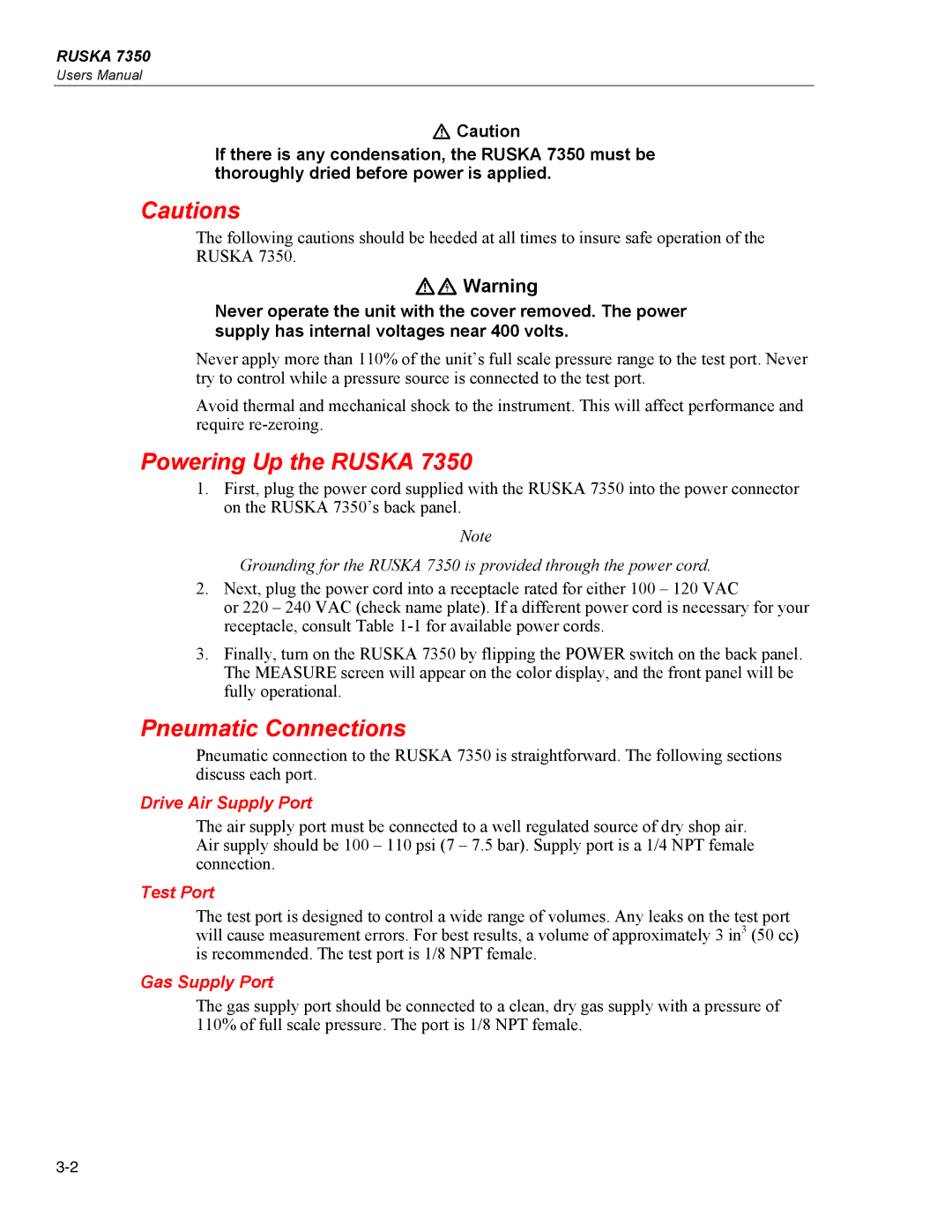 Fluke 7350 specifications Powering Up the Ruska, Pneumatic Connections, Drive Air Supply Port 