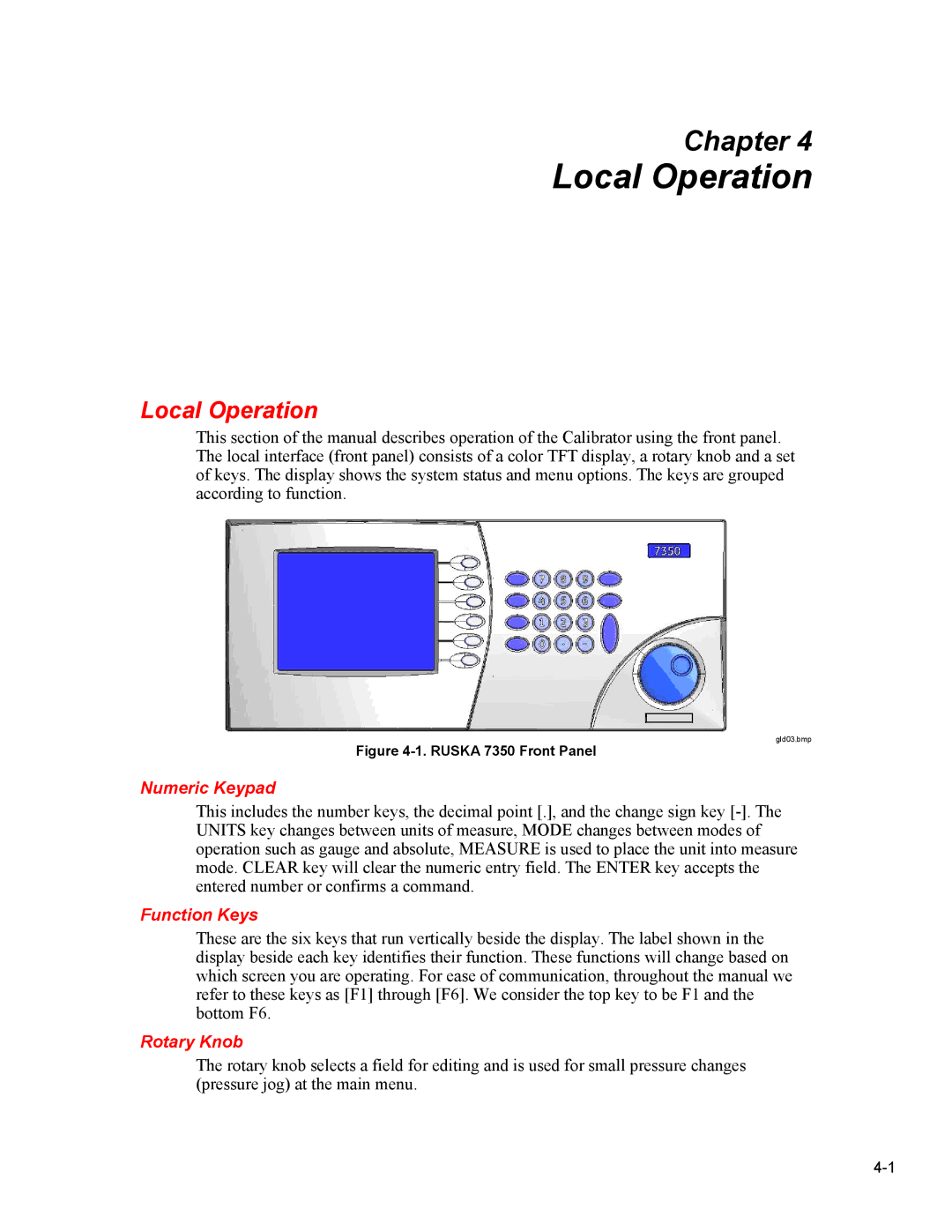 Fluke 7350 specifications Local Operation, Numeric Keypad, Function Keys, Rotary Knob 