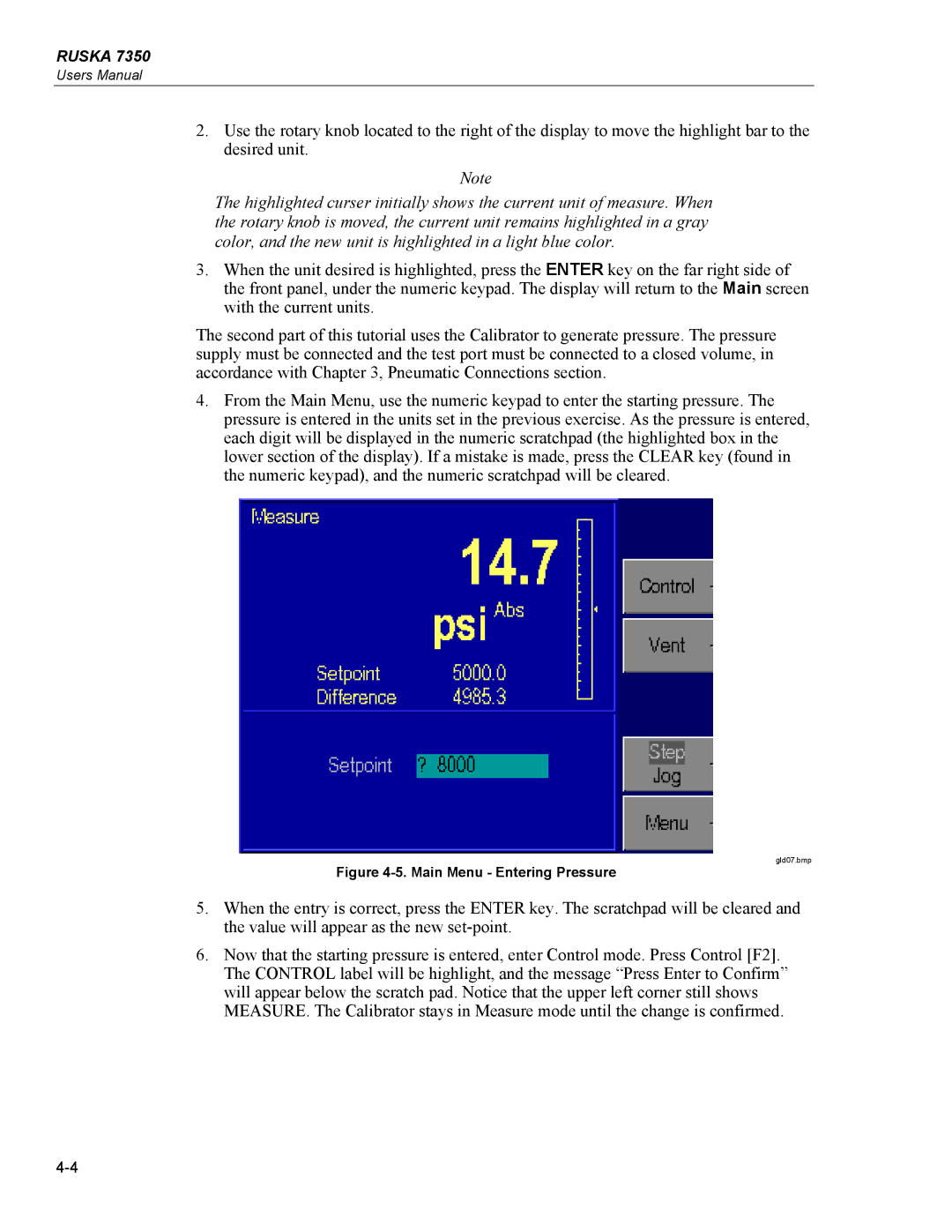 Fluke 7350 specifications Main Menu Entering Pressure 