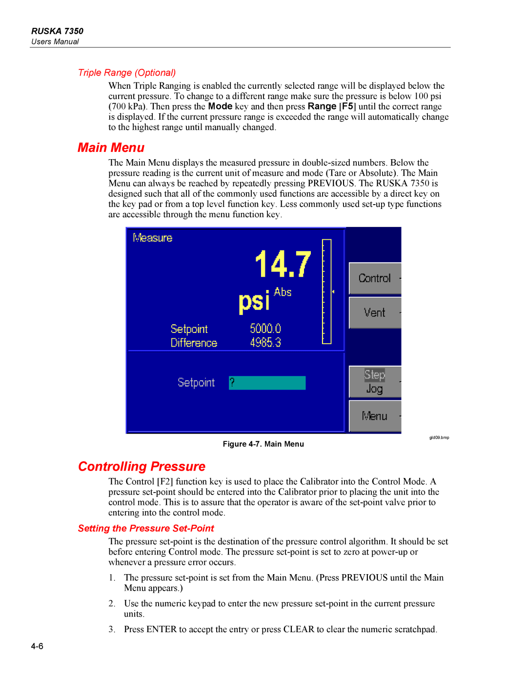 Fluke 7350 specifications Main Menu, Controlling Pressure, Triple Range Optional, Setting the Pressure Set-Point 