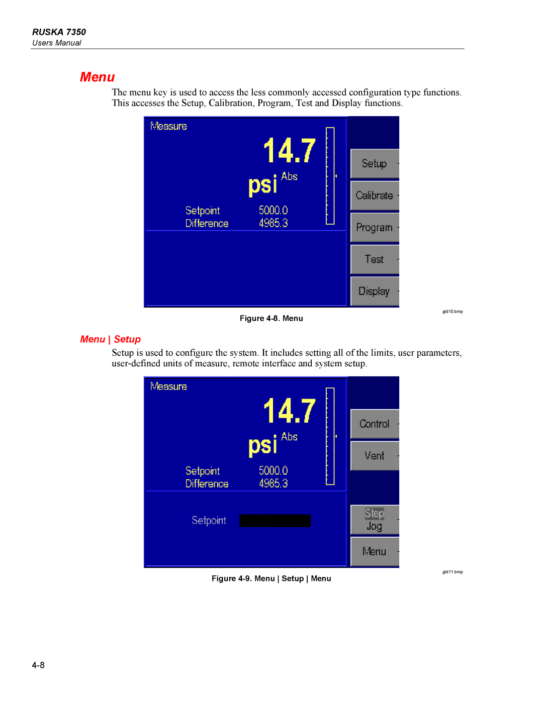 Fluke 7350 specifications Menu Setup 