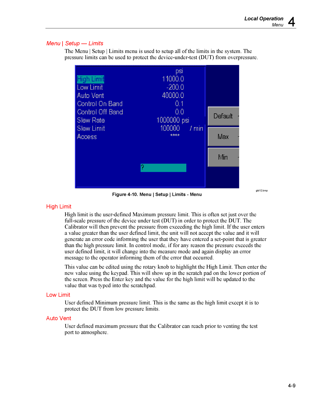 Fluke 7350 specifications Menu Setup Limits, High Limit, Low Limit, Auto Vent 