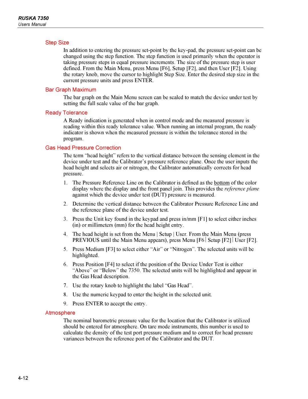 Fluke 7350 specifications Step Size, Bar Graph Maximum, Ready Tolerance, Gas Head Pressure Correction, Atmosphere 