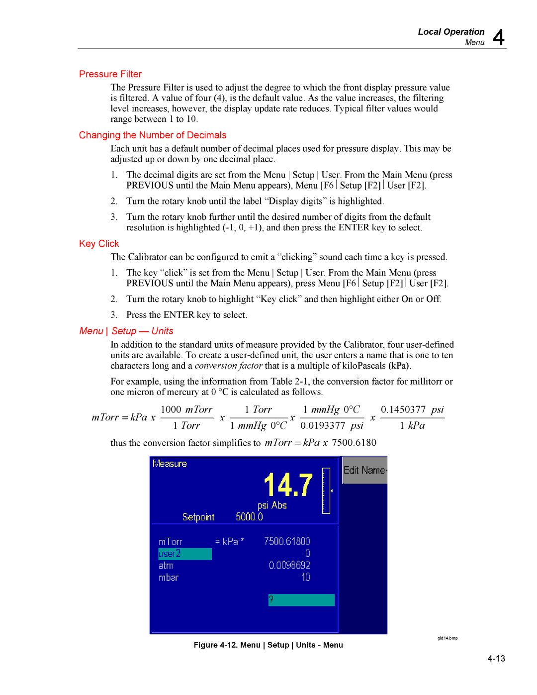 Fluke 7350 specifications Pressure Filter, Changing the Number of Decimals, Key Click, Menu Setup Units 