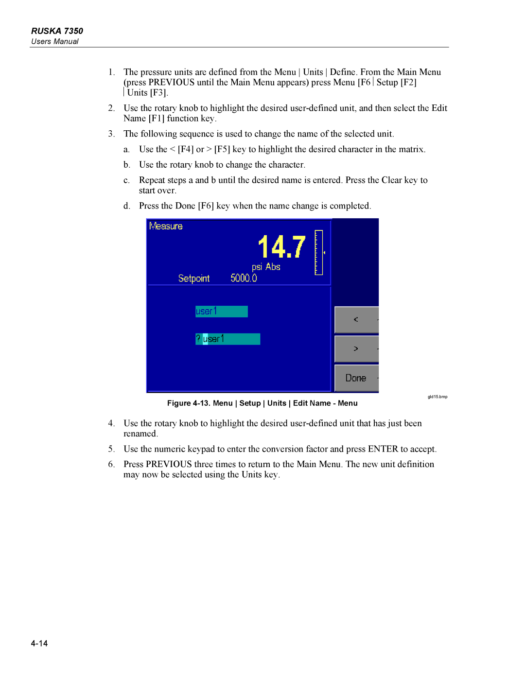 Fluke 7350 specifications Menu Setup Units Edit Name Menu 