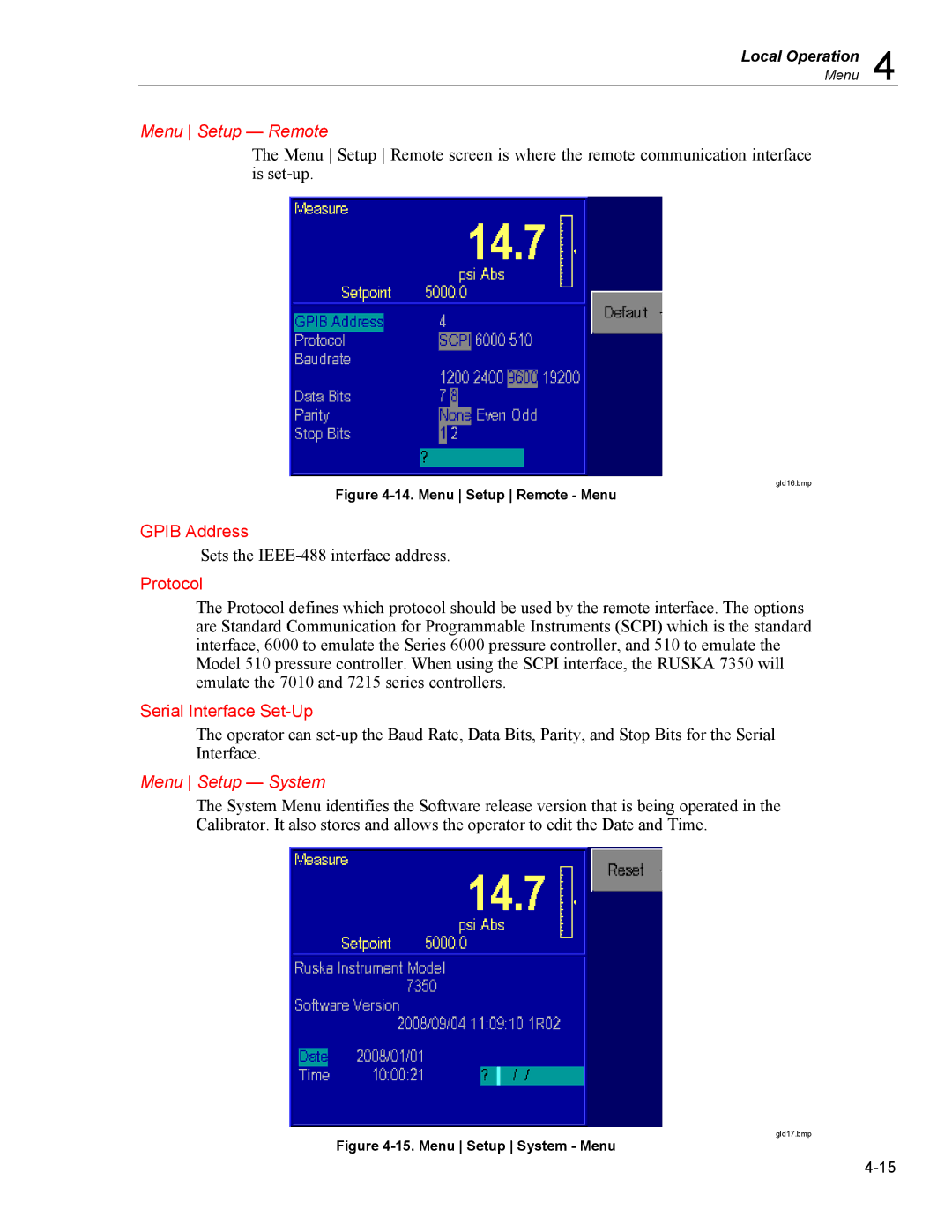 Fluke 7350 specifications Menu Setup Remote, Gpib Address, Protocol, Serial Interface Set-Up, Menu Setup System 