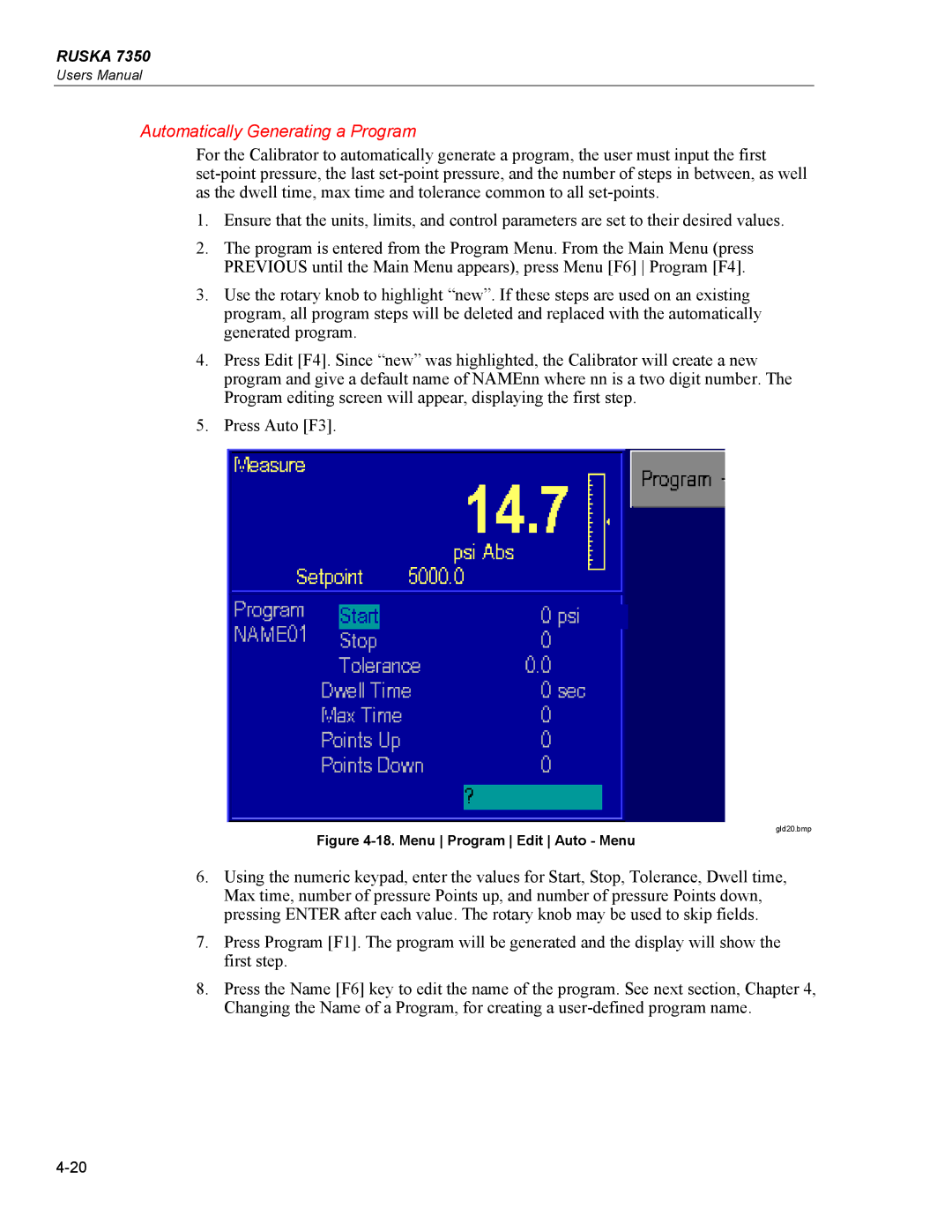 Fluke 7350 specifications Automatically Generating a Program, Menu Program Edit Auto Menu 