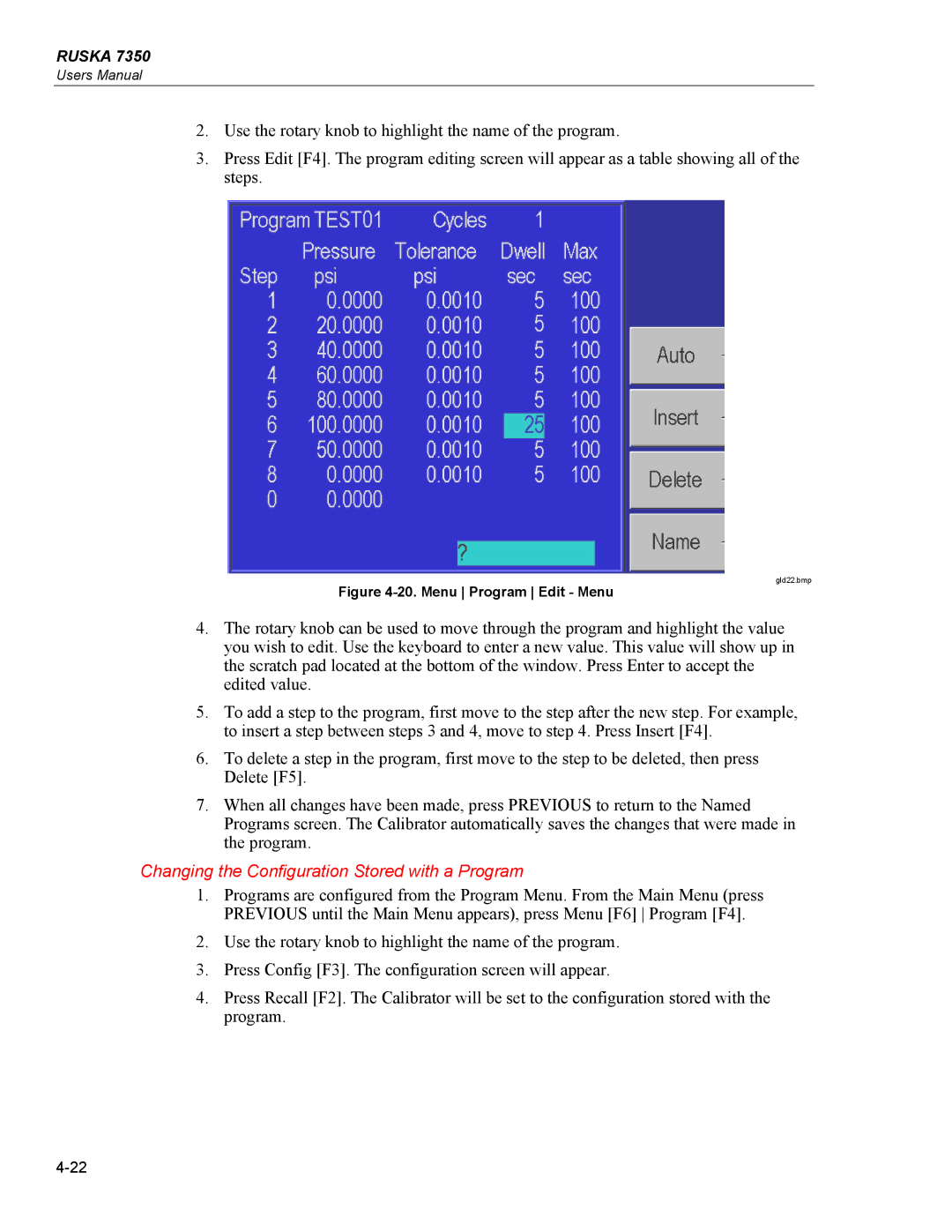 Fluke 7350 specifications Changing the Configuration Stored with a Program, Menu Program Edit Menu 