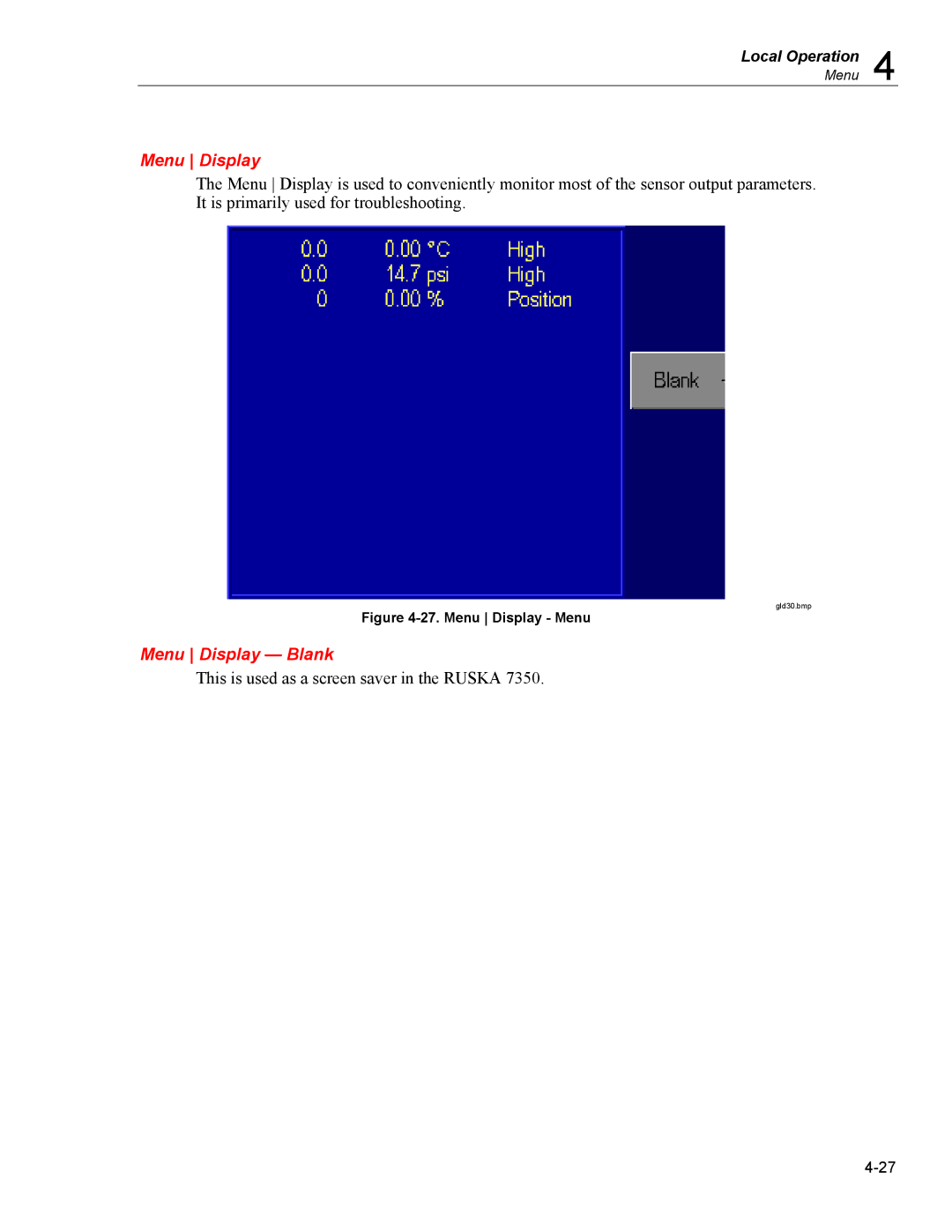 Fluke 7350 specifications Menu Display Blank 