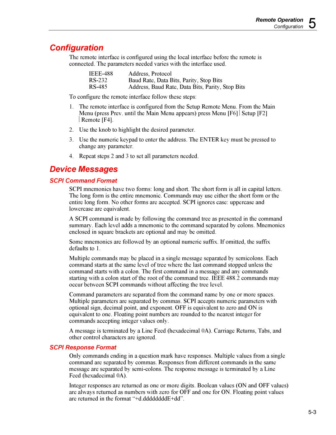 Fluke 7350 specifications Configuration, Device Messages, Scpi Command Format, Scpi Response Format 