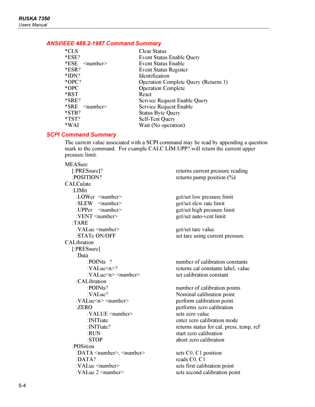 Fluke 7350 specifications ANSI/IEEE 488.2-1987 Command Summary, Scpi Command Summary 