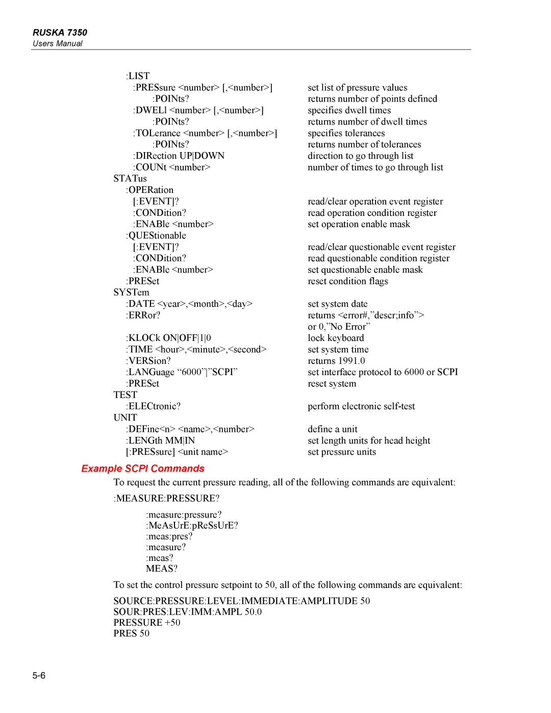 Fluke 7350 specifications List, Example Scpi Commands 