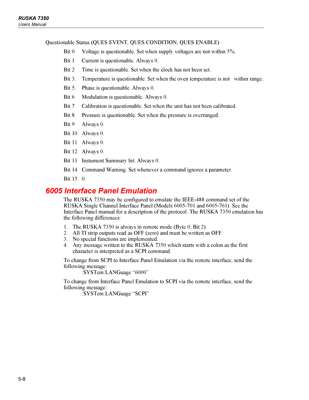 Fluke 7350 specifications Interface Panel Emulation 