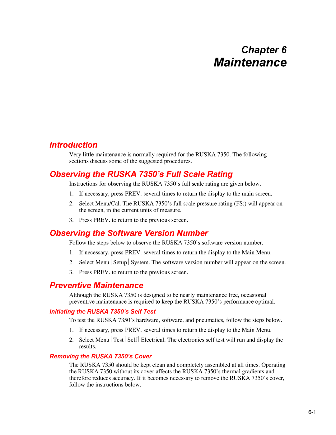 Fluke specifications Maintenance, Observing the Ruska 7350’s Full Scale Rating, Observing the Software Version Number 