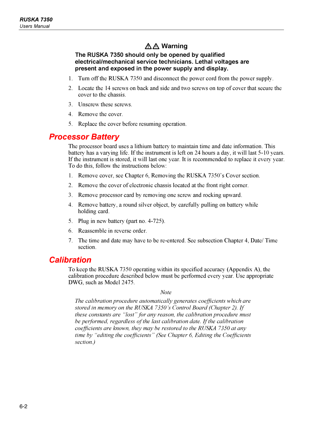 Fluke 7350 specifications Processor Battery, Calibration 