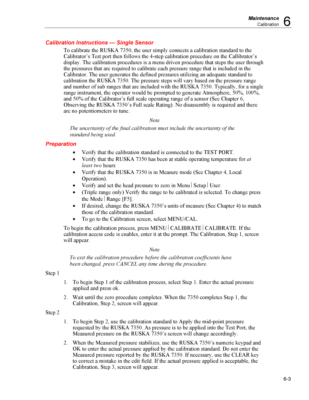 Fluke 7350 specifications Calibration Instructions Single Sensor, Preparation 