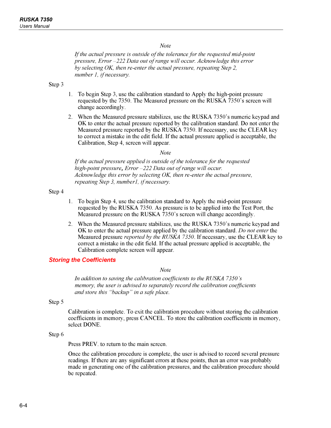 Fluke 7350 specifications Storing the Coefficients 