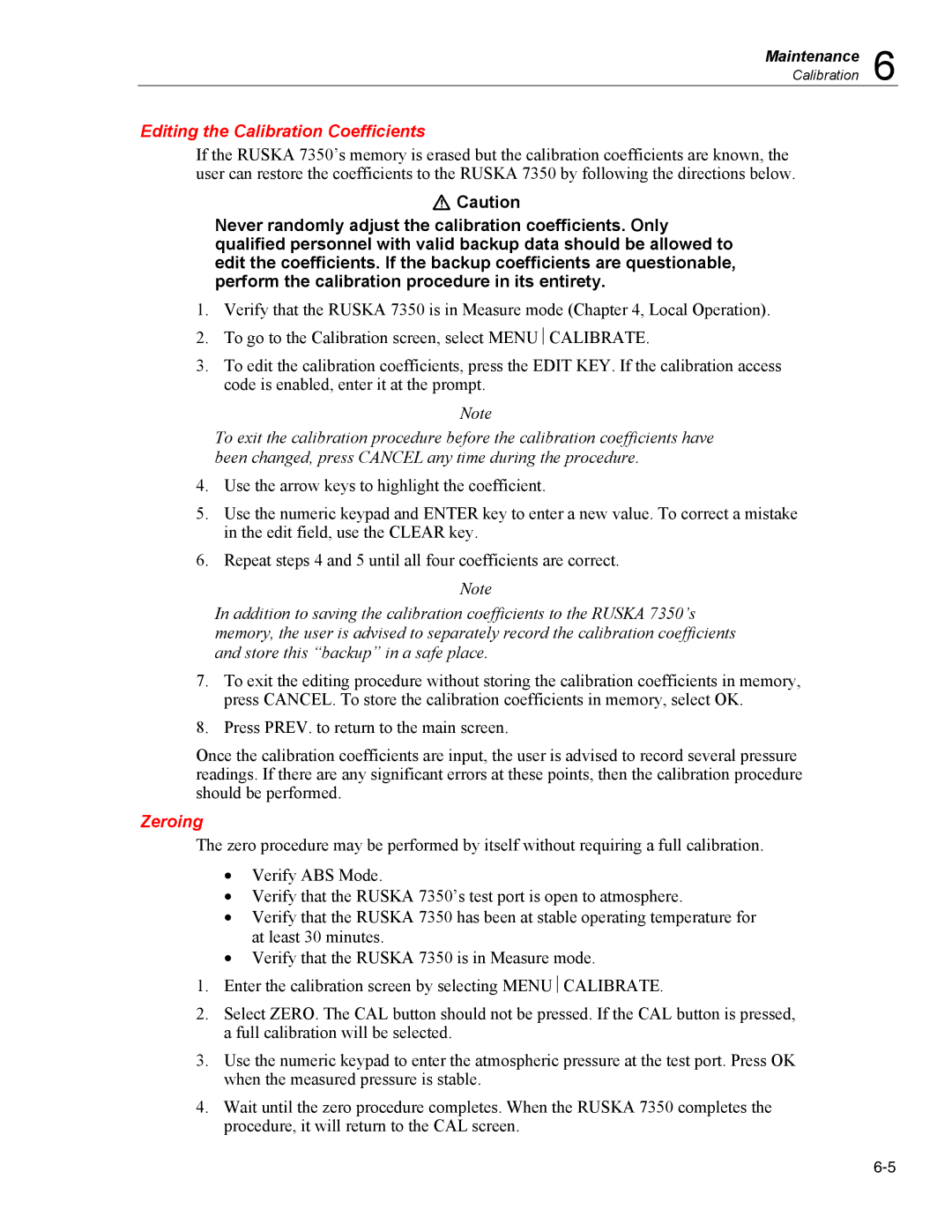 Fluke 7350 specifications Editing the Calibration Coefficients, Zeroing 