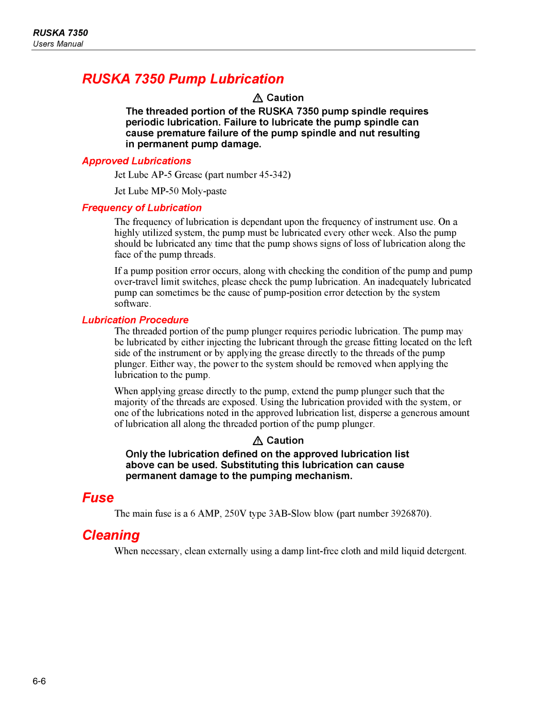 Fluke specifications Ruska 7350 Pump Lubrication, Fuse, Cleaning 