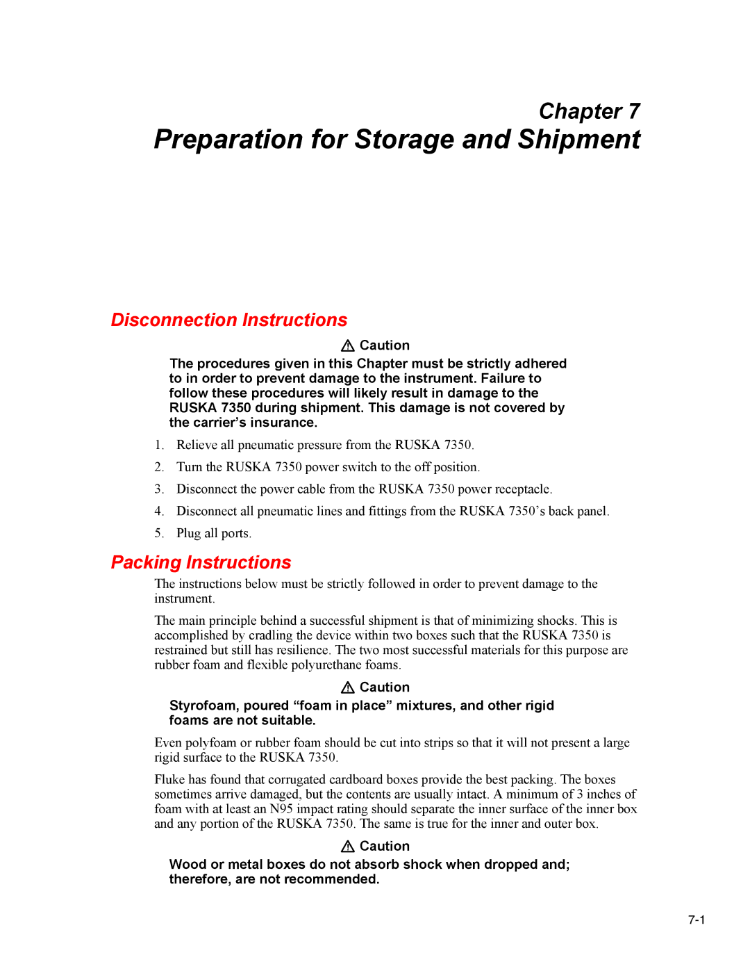 Fluke 7350 specifications Preparation for Storage and Shipment, Disconnection Instructions, Packing Instructions 