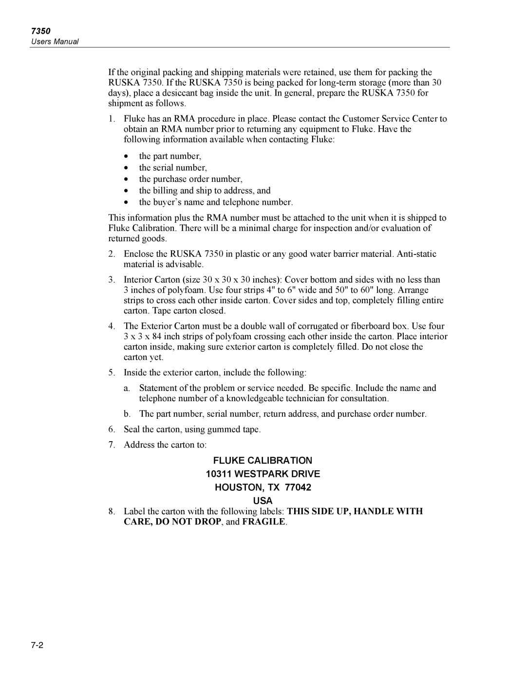 Fluke 7350 specifications Fluke Calibration Westpark Drive HOUSTON, TX USA 