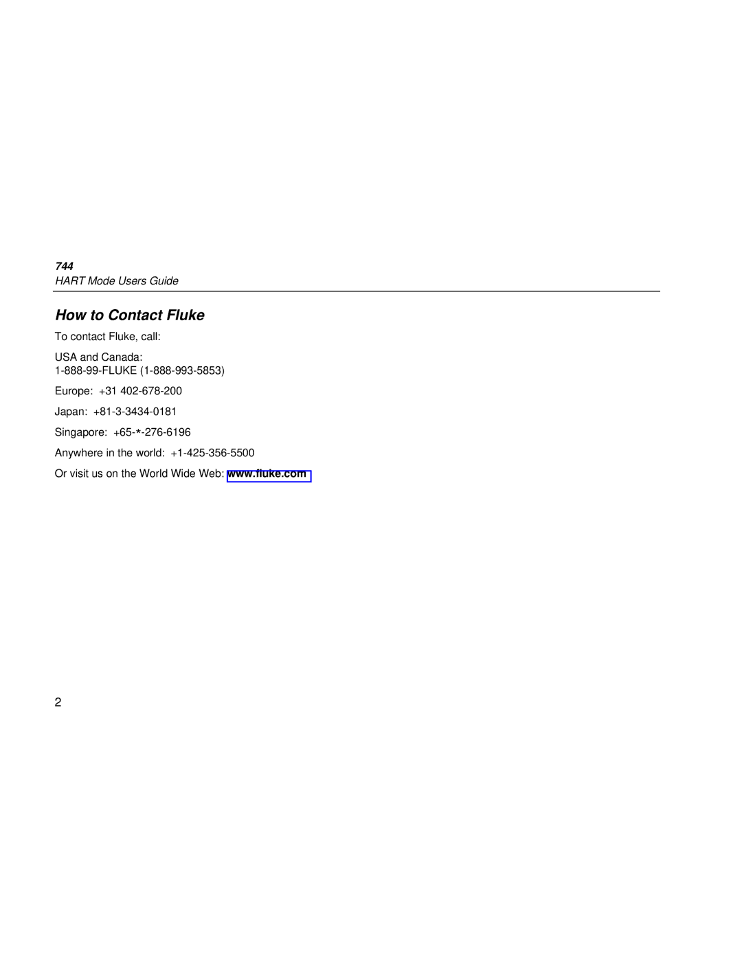 Fluke 744 manual How to Contact Fluke 
