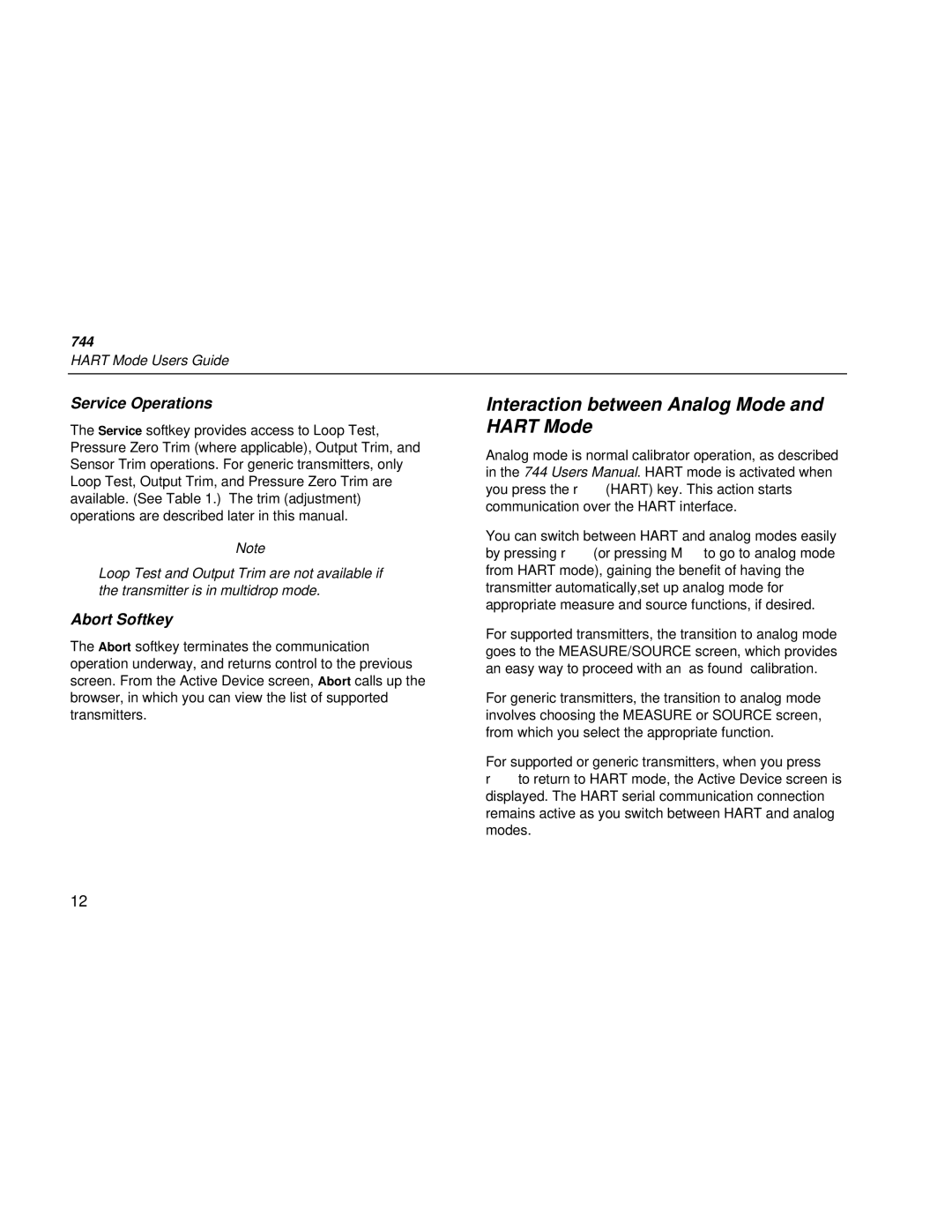 Fluke 744 manual Interaction between Analog Mode and Hart Mode, Service Operations, Abort Softkey 